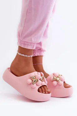 Damskie Klapki Piankowe Z Ozdobami Na Grubej Podeszwie Różowe Bremavia