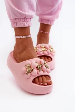 Damskie Klapki Piankowe Z Ozdobami Na Grubej Podeszwie Różowe Bremavia