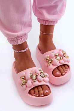 Damskie Klapki Piankowe Z Ozdobami Na Grubej Podeszwie Różowe Bremavia