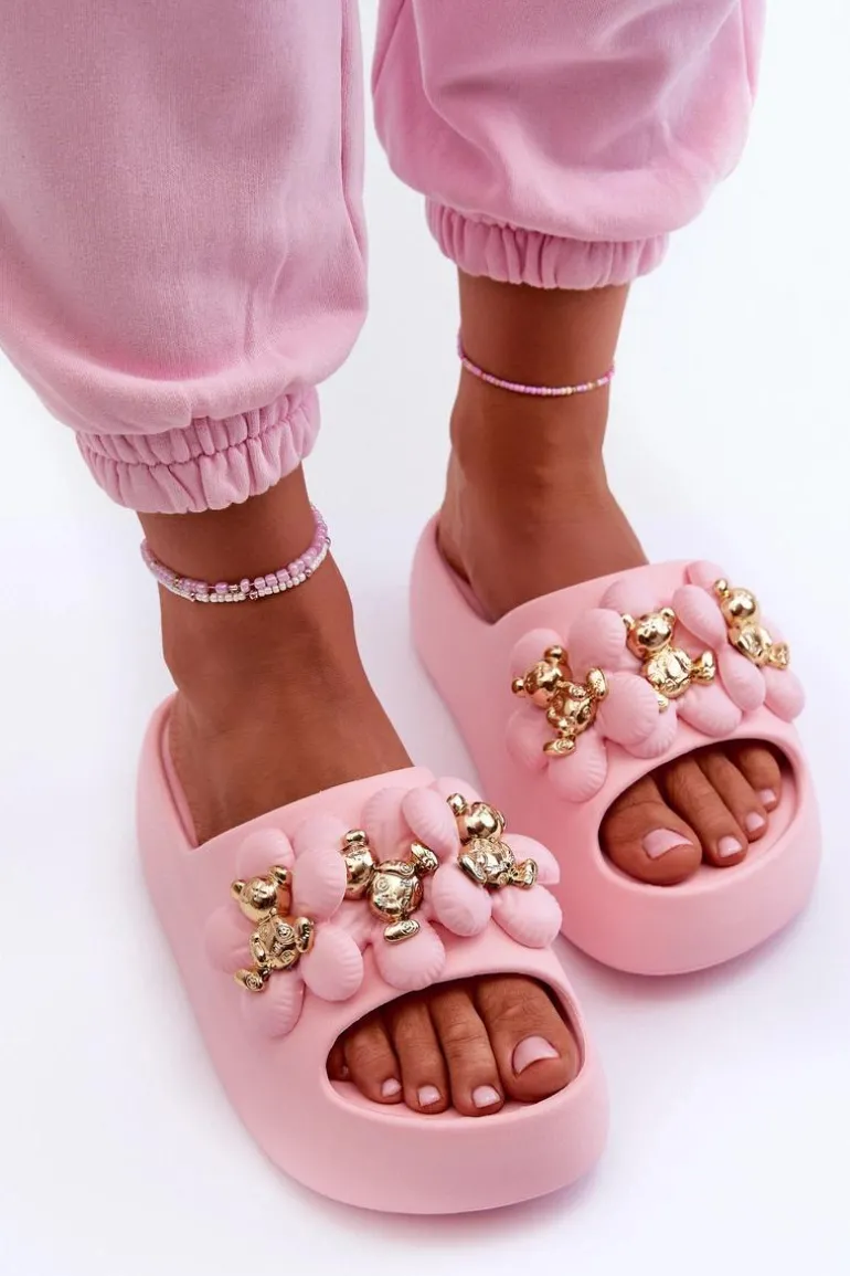 Damskie Klapki Piankowe Z Ozdobami Na Grubej Podeszwie Różowe Bremavia
