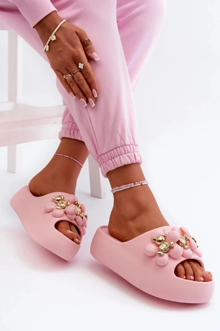 Damskie Klapki Piankowe Z Ozdobami Na Grubej Podeszwie Różowe Bremavia