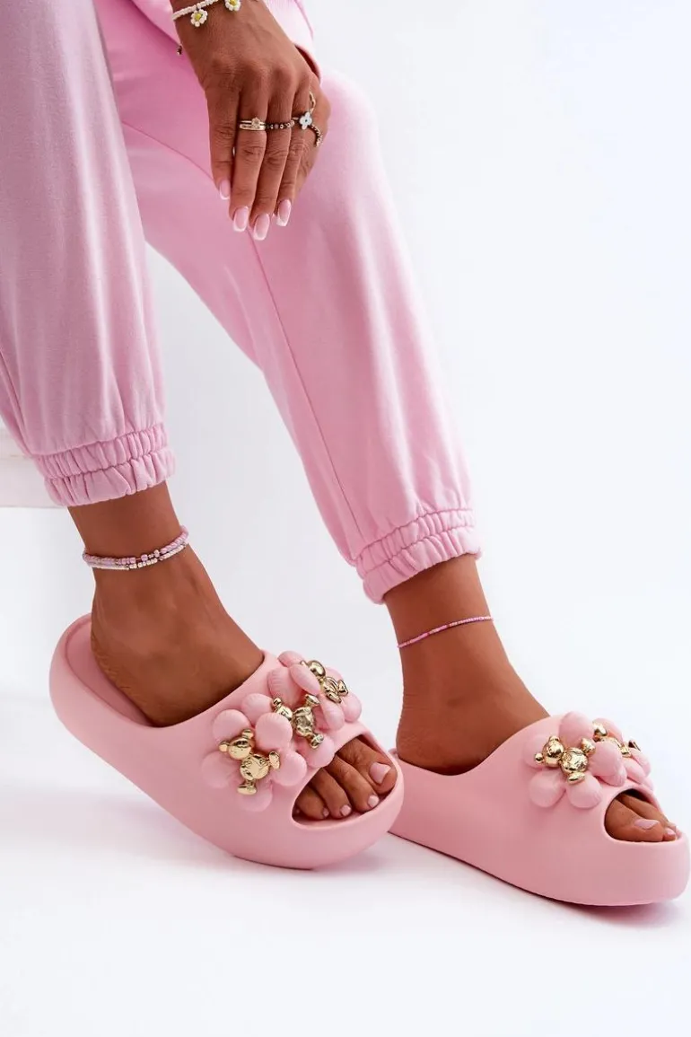 Damskie Klapki Piankowe Z Ozdobami Na Grubej Podeszwie Różowe Bremavia