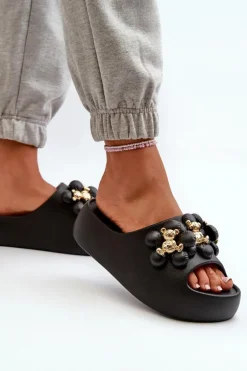 Damskie Klapki Piankowe Z Ozdobami Na Grubej Podeszwie Czarne Bremavia