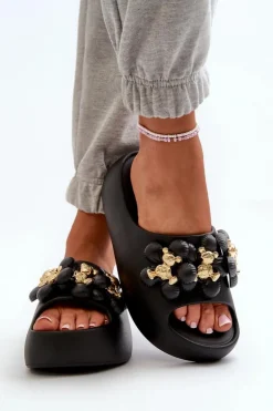 Damskie Klapki Piankowe Z Ozdobami Na Grubej Podeszwie Czarne Bremavia