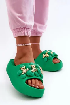 Damskie Klapki Piankowe Z Ozdobami Na Grubej Podeszwie Zielone Bremavia