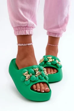 Damskie Klapki Piankowe Z Ozdobami Na Grubej Podeszwie Zielone Bremavia