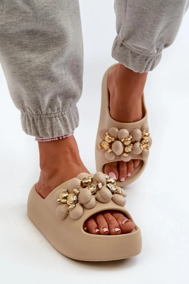 Damskie Klapki Piankowe Z Ozdobami Na Grubej Podeszwie Ciemnobeżowe Bremavia