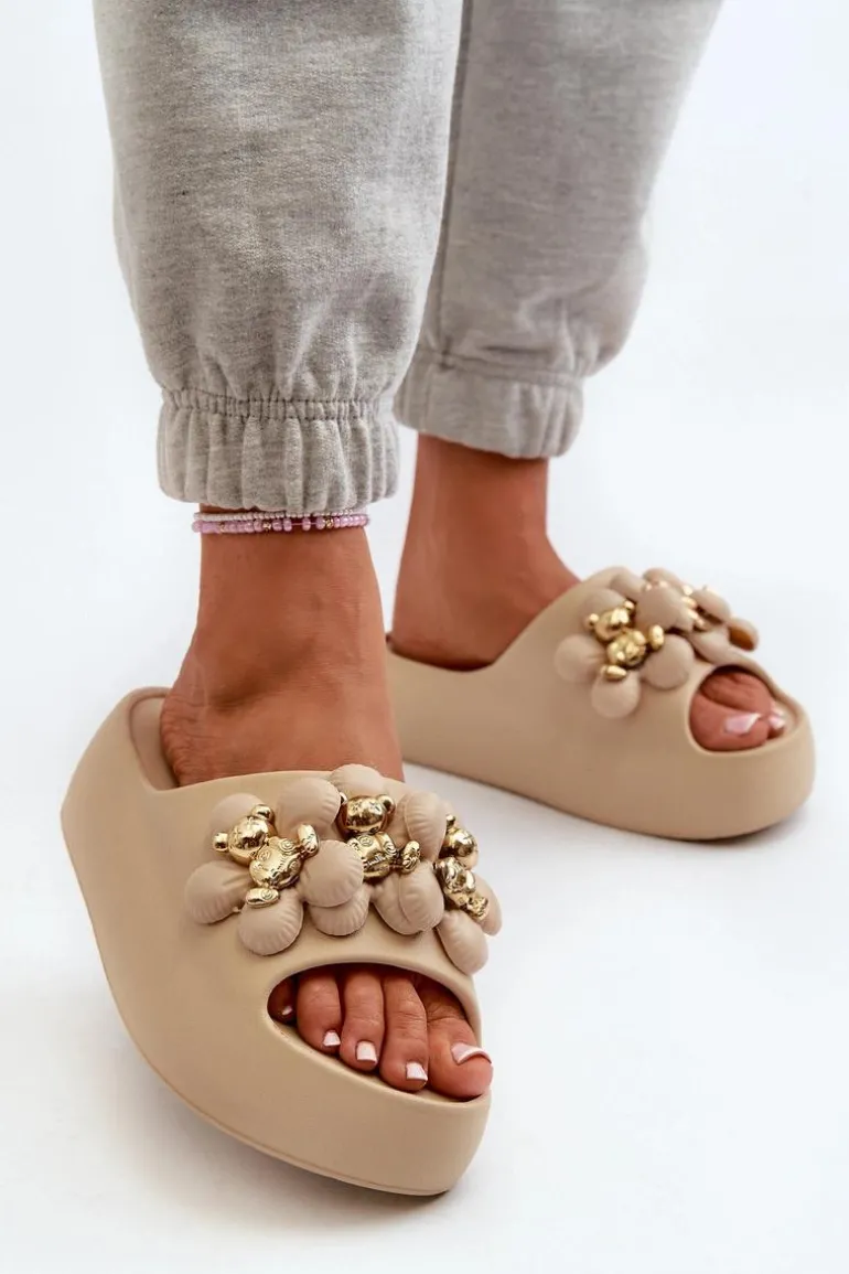 Damskie Klapki Piankowe Z Ozdobami Na Grubej Podeszwie Ciemnobeżowe Bremavia