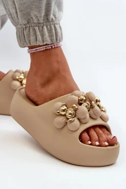 Damskie Klapki Piankowe Z Ozdobami Na Grubej Podeszwie Ciemnobeżowe Bremavia