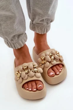 Damskie Klapki Piankowe Z Ozdobami Na Grubej Podeszwie Ciemnobeżowe Bremavia