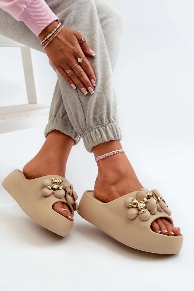 Damskie Klapki Piankowe Z Ozdobami Na Grubej Podeszwie Ciemnobeżowe Bremavia