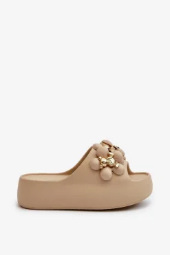 Damskie Klapki Piankowe Z Ozdobami Na Grubej Podeszwie Ciemnobeżowe Bremavia