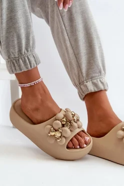 Damskie Klapki Piankowe Z Ozdobami Na Grubej Podeszwie Ciemnobeżowe Bremavia