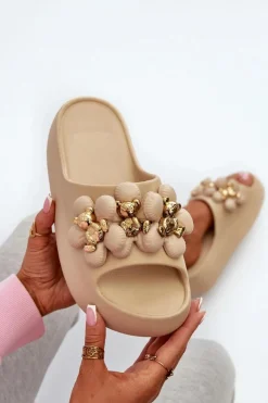 Damskie Klapki Piankowe Z Ozdobami Na Grubej Podeszwie Ciemnobeżowe Bremavia