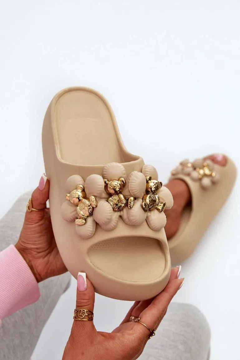 Damskie Klapki Piankowe Z Ozdobami Na Grubej Podeszwie Ciemnobeżowe Bremavia