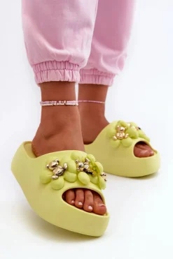 Damskie Klapki Piankowe Z Ozdobami Na Grubej Podeszwie Limonkowe Bremavia