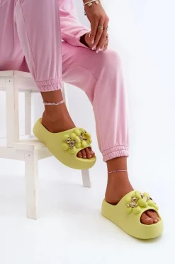 Damskie Klapki Piankowe Z Ozdobami Na Grubej Podeszwie Limonkowe Bremavia