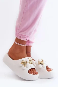 Damskie Klapki Piankowe Z Ozdobami Na Grubej Podeszwie Białe Bremavia