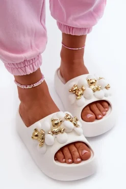 Damskie Klapki Piankowe Z Ozdobami Na Grubej Podeszwie Białe Bremavia