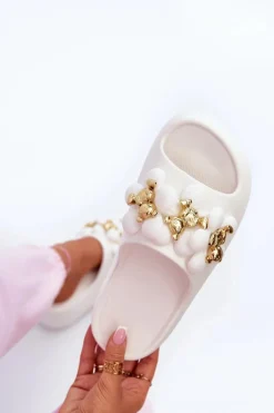 Damskie Klapki Piankowe Z Ozdobami Na Grubej Podeszwie Białe Bremavia