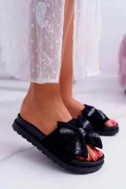 Damskie Klapki Profilowana Wkładka Z Kokardką Czarne Juicy