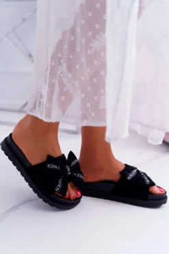 Damskie Klapki Profilowana Wkładka Z Kokardką Czarne Juicy