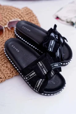 Damskie Klapki Profilowana Wkładka Z Kokardką Czarne Vrenya