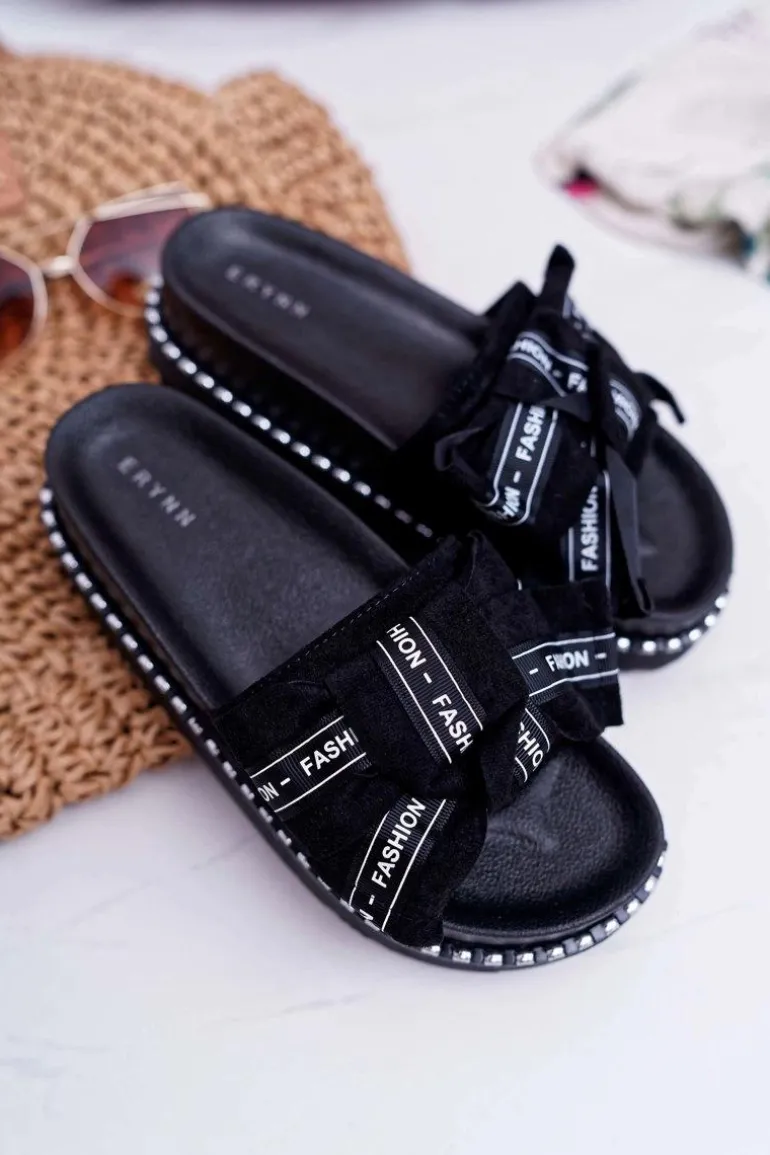 Damskie Klapki Profilowana Wkładka Z Kokardką Czarne Vrenya