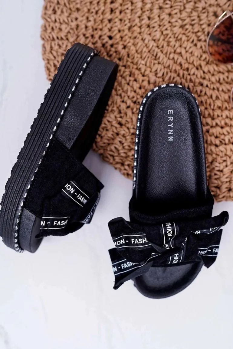 Damskie Klapki Profilowana Wkładka Z Kokardką Czarne Vrenya