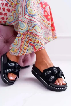 Damskie Klapki Profilowana Wkładka Z Kokardką Czarne Vrenya