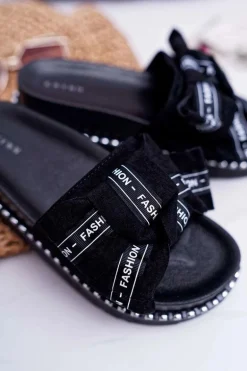 Damskie Klapki Profilowana Wkładka Z Kokardką Czarne Vrenya