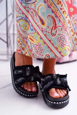 Damskie Klapki Profilowana Wkładka Z Kokardką Czarne Vrenya