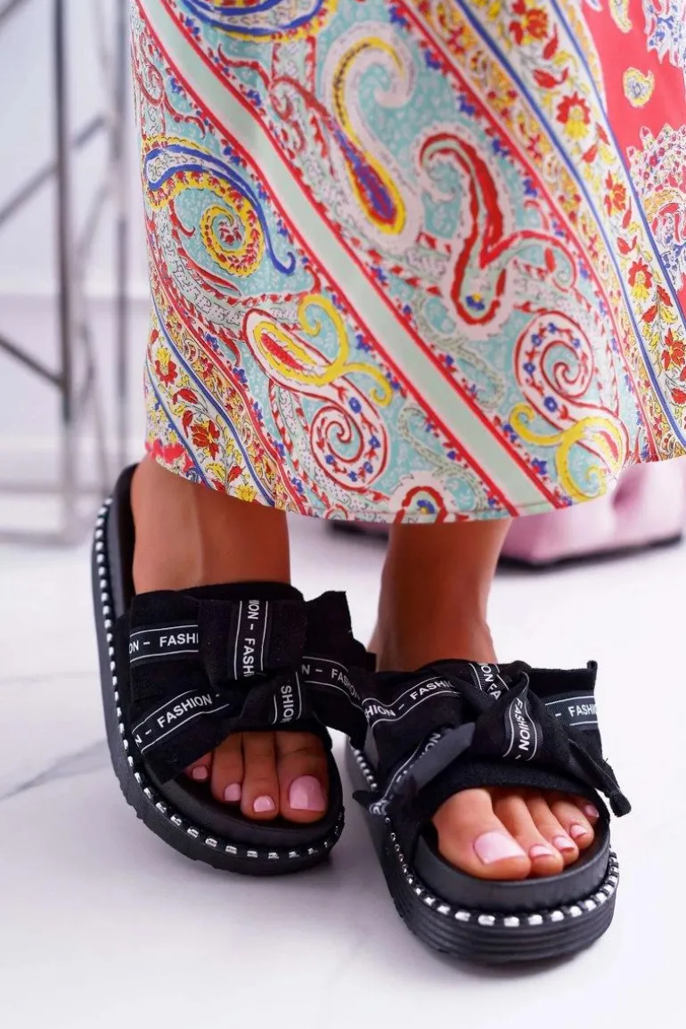 Damskie Klapki Profilowana Wkładka Z Kokardką Czarne Vrenya