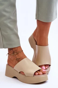 Damskie Klapki Skórzane Na Platformie Beżowe Lemar Lucami