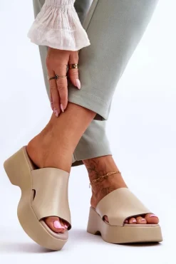 Damskie Klapki Skórzane Na Platformie Beżowe Lemar Lucami