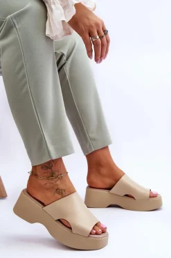 Damskie Klapki Skórzane Na Platformie Beżowe Lemar Lucami