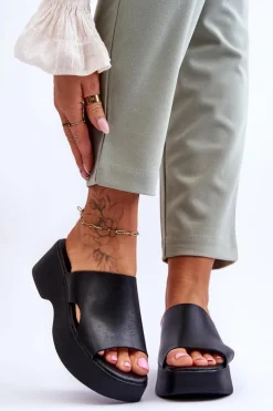 Damskie Klapki Skórzane Na Platformie Czarne Lemar Lucami