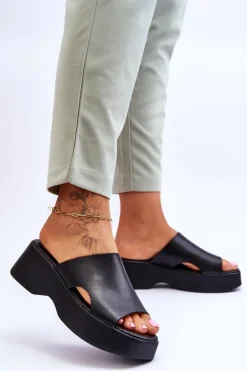 Damskie Klapki Skórzane Na Platformie Czarne Lemar Lucami