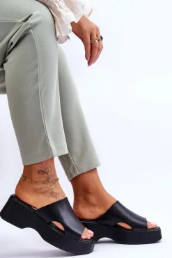 Damskie Klapki Skórzane Na Platformie Czarne Lemar Lucami