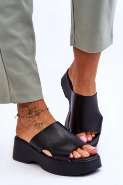 Damskie Klapki Skórzane Na Platformie Czarne Lemar Lucami