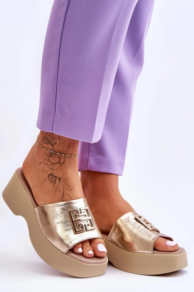 Damskie Klapki Skórzane Na Platformie Z Ozdobą Złote Lemar Renna