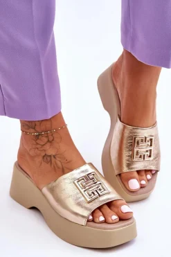 Damskie Klapki Skórzane Na Platformie Z Ozdobą Złote Lemar Renna