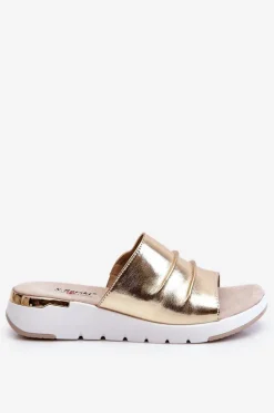 Damskie Klapki Skórzane Na Niewysokim Koturnie Złote Leona