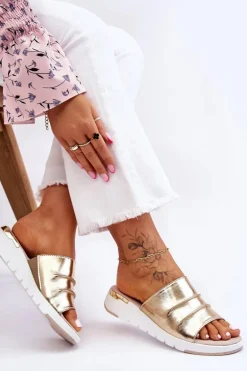 Damskie Klapki Skórzane Na Niewysokim Koturnie Złote Leona