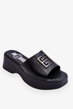Damskie Klapki Skórzane Na Platformie Z Ozdobą Czarne Renna