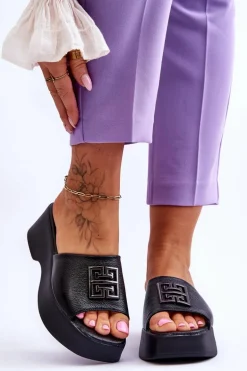 Damskie Klapki Skórzane Na Platformie Z Ozdobą Czarne Renna