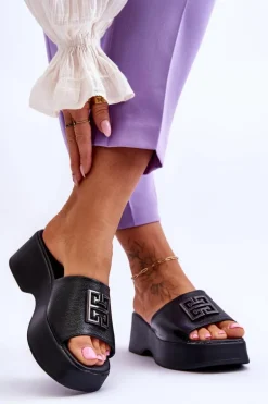 Damskie Klapki Skórzane Na Platformie Z Ozdobą Czarne Renna