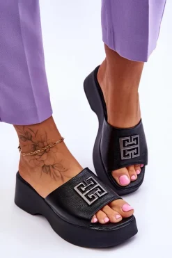 Damskie Klapki Skórzane Na Platformie Z Ozdobą Czarne Renna