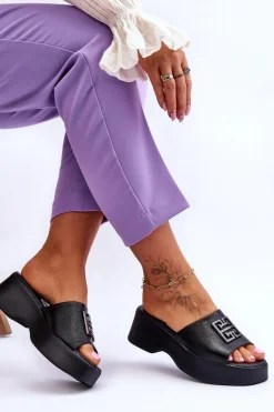 Damskie Klapki Skórzane Na Platformie Z Ozdobą Czarne Renna