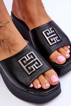 Damskie Klapki Skórzane Na Platformie Z Ozdobą Czarne Renna